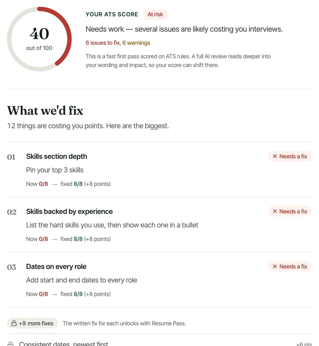 Resume check result: a score out of 100 with a section-by-section checklist of fixes